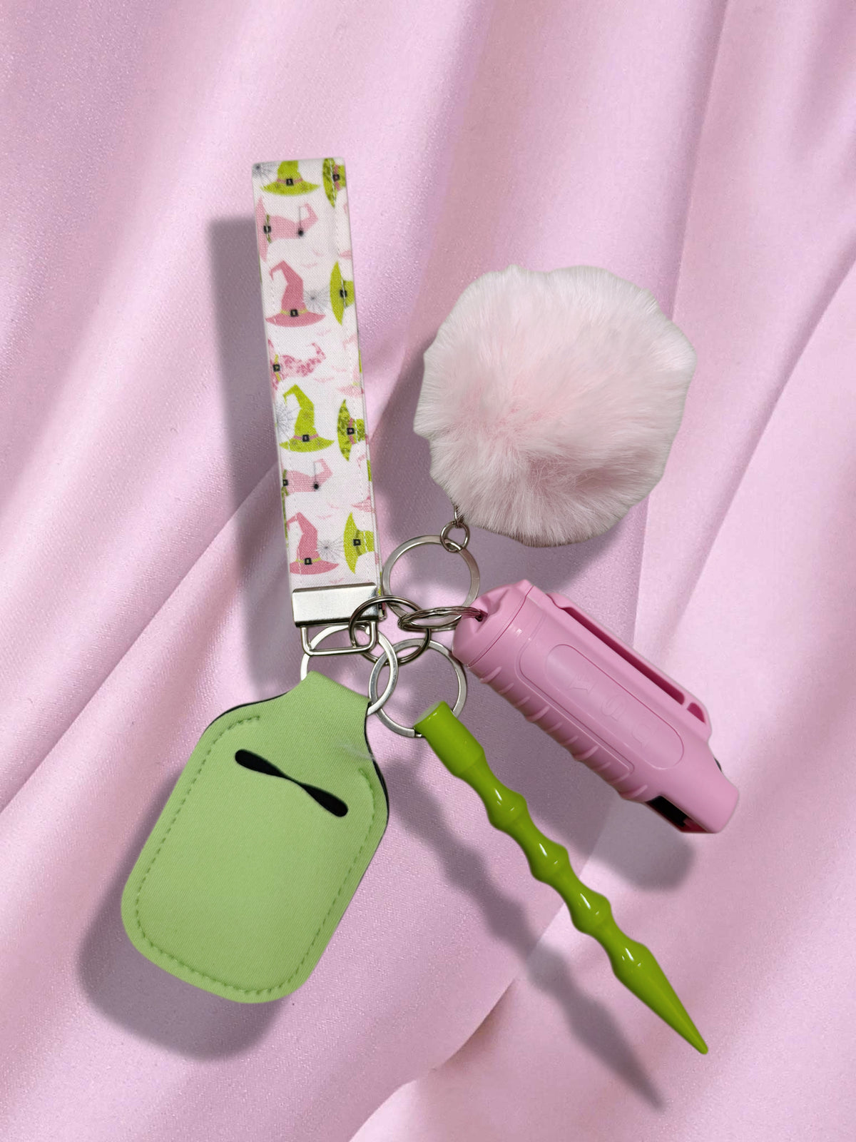Pink + Green Witch Safety Keychain